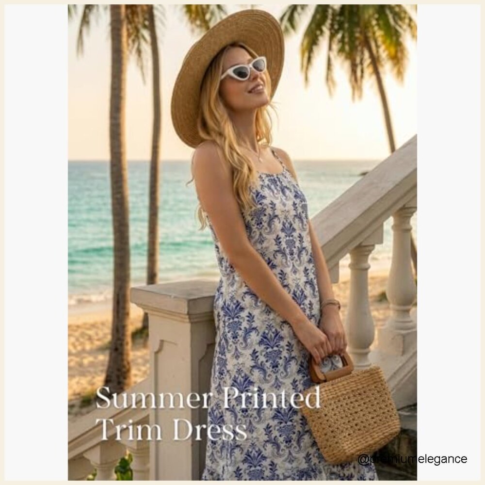 Spaghetti Strap Scoop Neck Smocked Maxi Dress Flowy Boho Summer - Picture 4 of 7